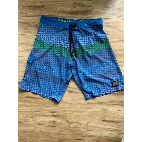 Maui‎ and Sons Men's Blue Green Striped Board Shorts Swim Trunks Size Large - Picture 7 of 9